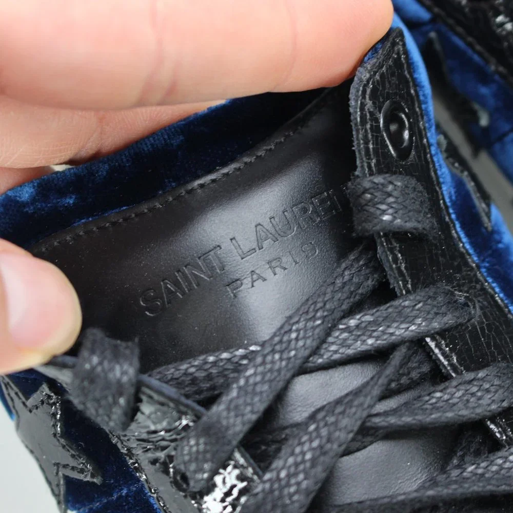 Saint Laurent Court Blue Velvet Black Leather Star Low Top Sneakers 38.5 YSL
